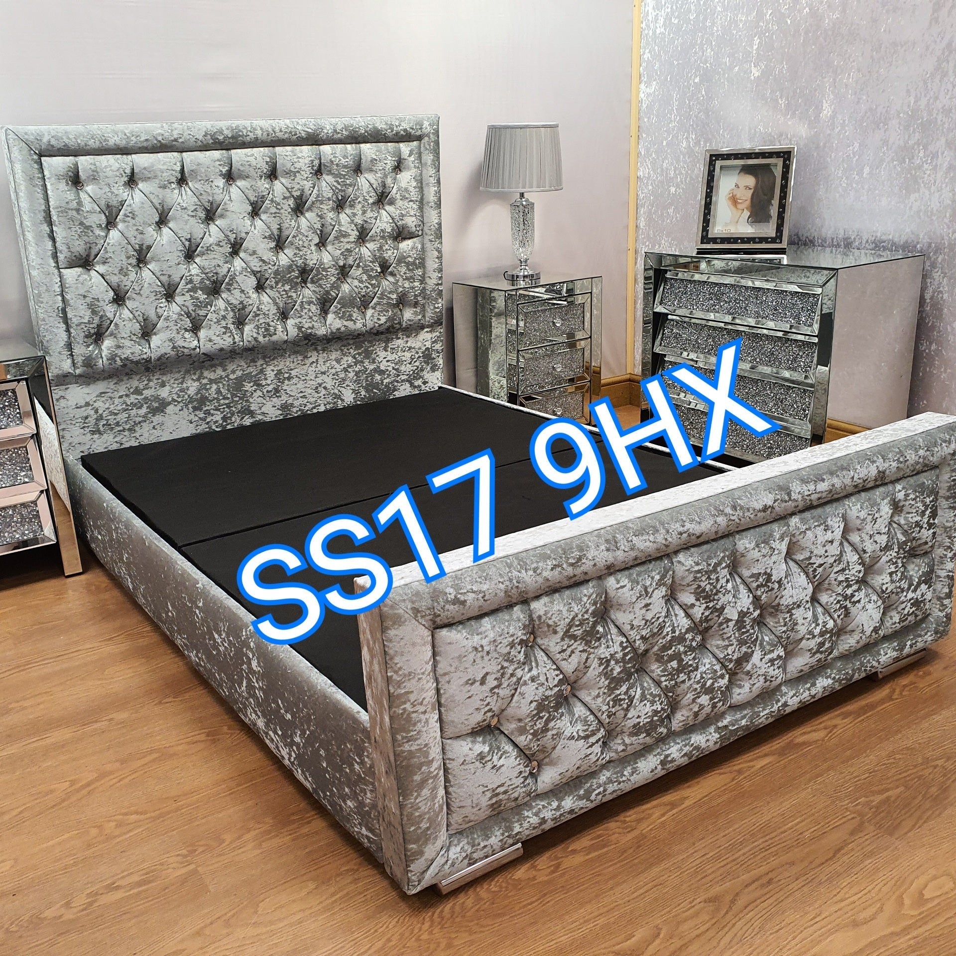 Silver crushed velvet small store double bed